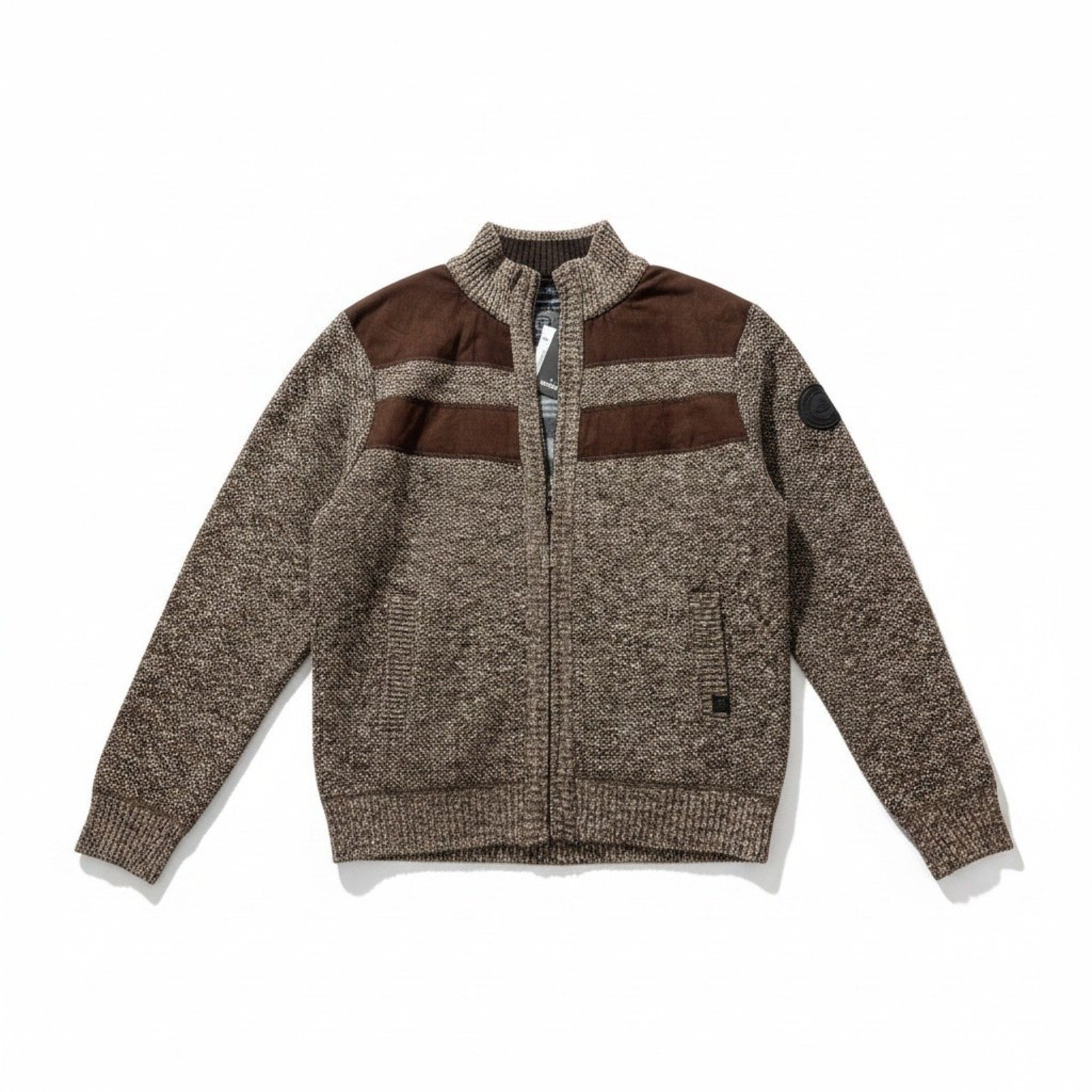 Buffalo David Bitton Mens L Brown Full Zip Mock Neck Sweater Ribbed Knit NWT