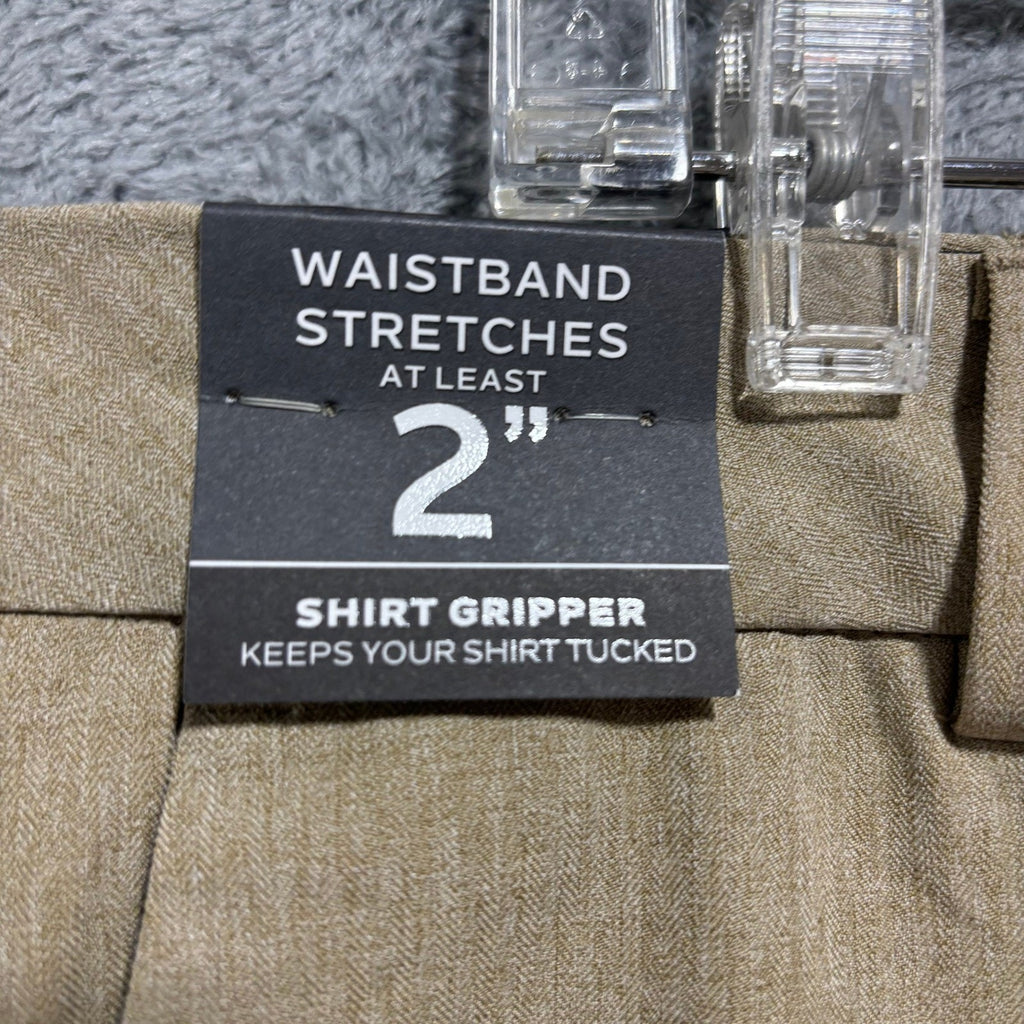 Van Heusen Mens 34x34 Tan Herringbone Slim Fit Flex Dress Pants Flat Front Chino