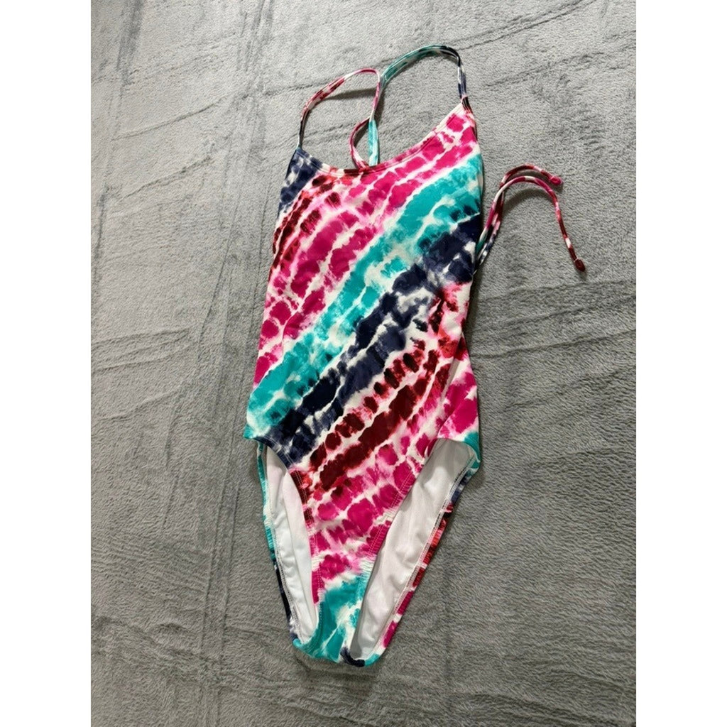 Women Tie Dye One Piece Swimsuit Pink Blue White Strappy Back Athletic
