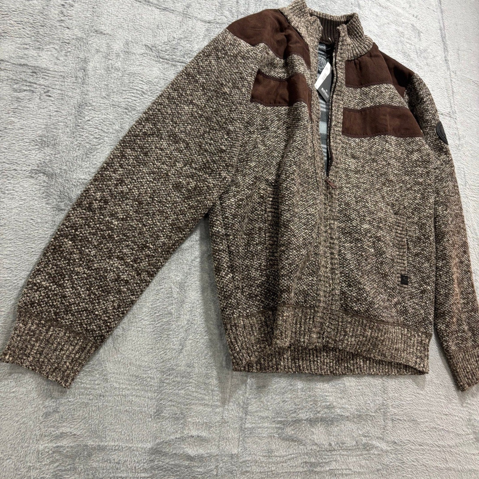 Buffalo David Bitton Mens L Brown Full Zip Mock Neck Sweater Ribbed Knit NWT
