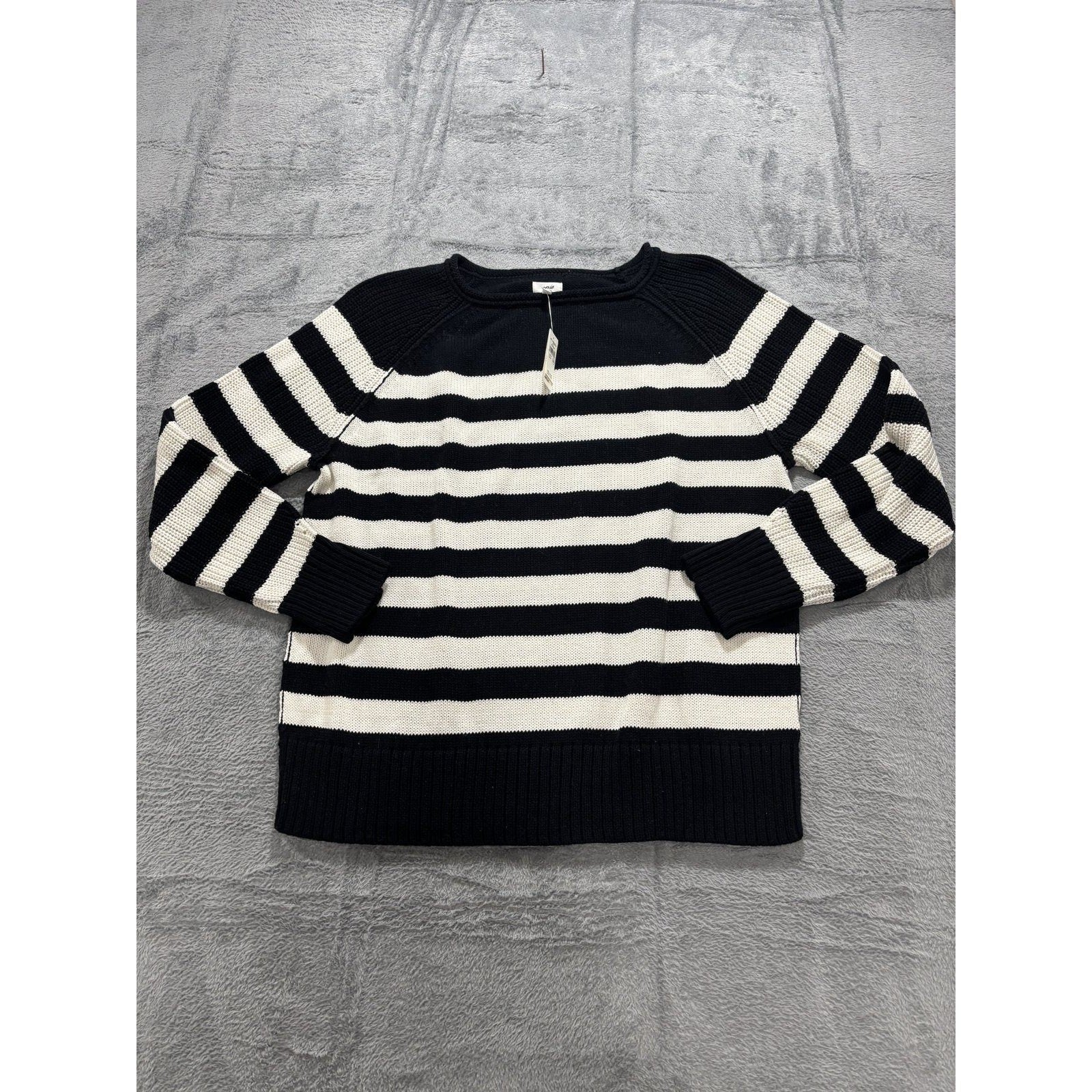Aerie Womens S Black White Striped Knit Crewneck Sweater Casual Cozy Nautical