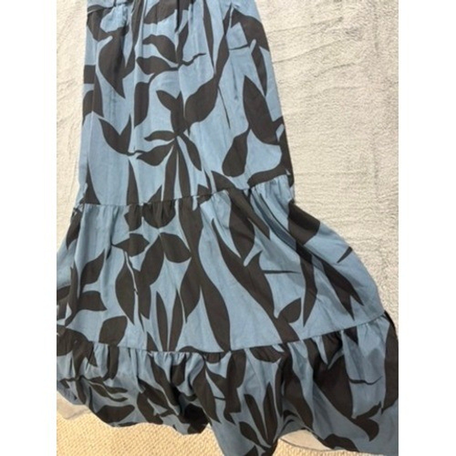 Blue Black Tropical Leaf Print Smocked Tiered Maxi Dress Women Medium Vacation