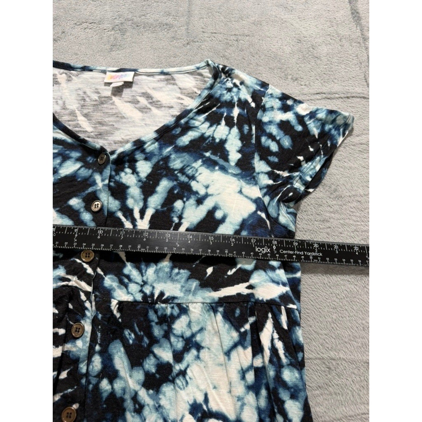 LuLaRoe Blue Black Tie Dye Button Front V-Neck Mini Dress Womens Large Festival