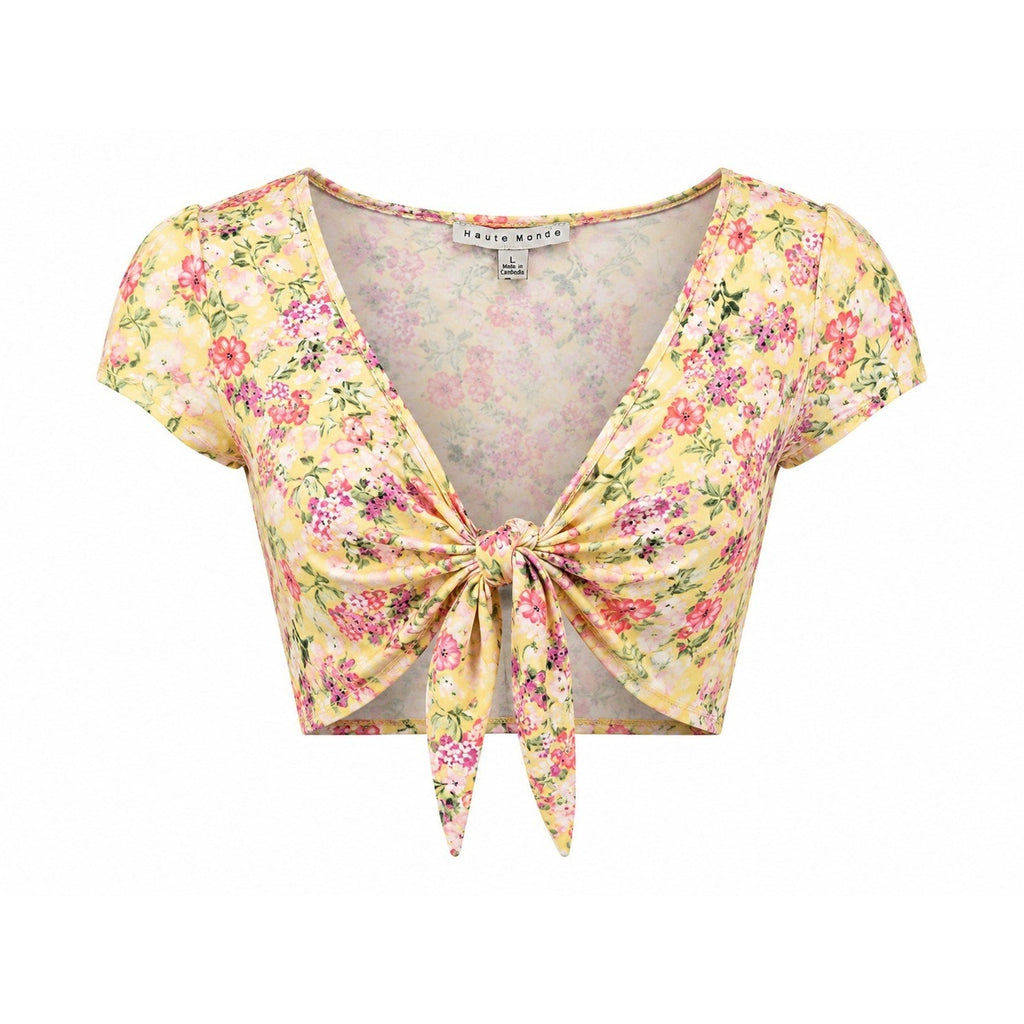 Haute Monde Womens Yellow Floral Tie Front Crop Top V-Neck Short Sleeve Large