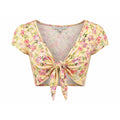 Haute Monde Womens Yellow Floral Tie Front Crop Top V-Neck Short Sleeve Large