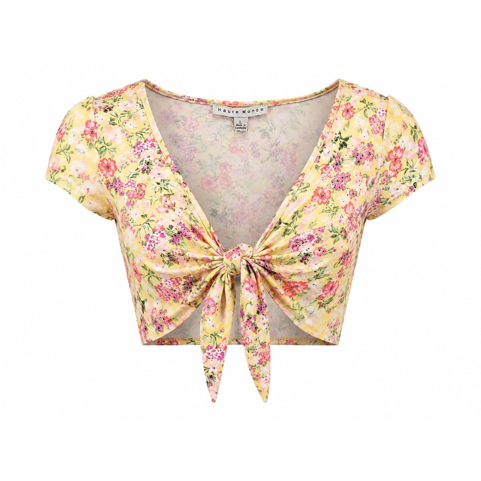 Haute Monde Womens Yellow Floral Tie Front Crop Top V-Neck Short Sleeve Large
