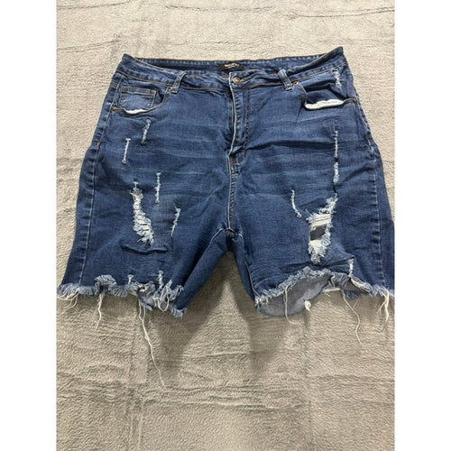 American Bazi Plus 2X Distressed Denim Shorts Medium Wash Raw Hem Stretch