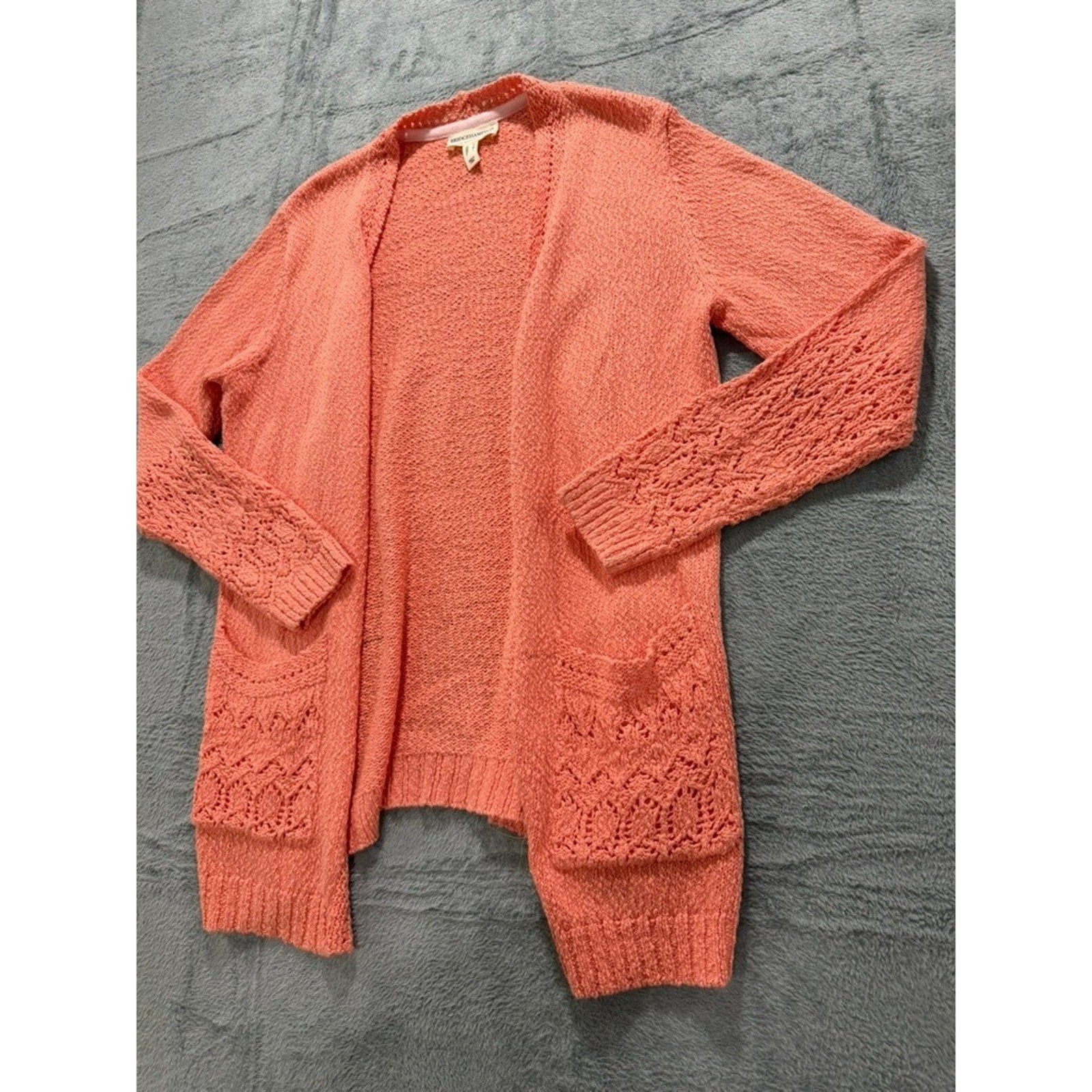 Bridgehampton Isaac Mizrahi Live Women Coral Pink Crochet Pointelle Cardigan L