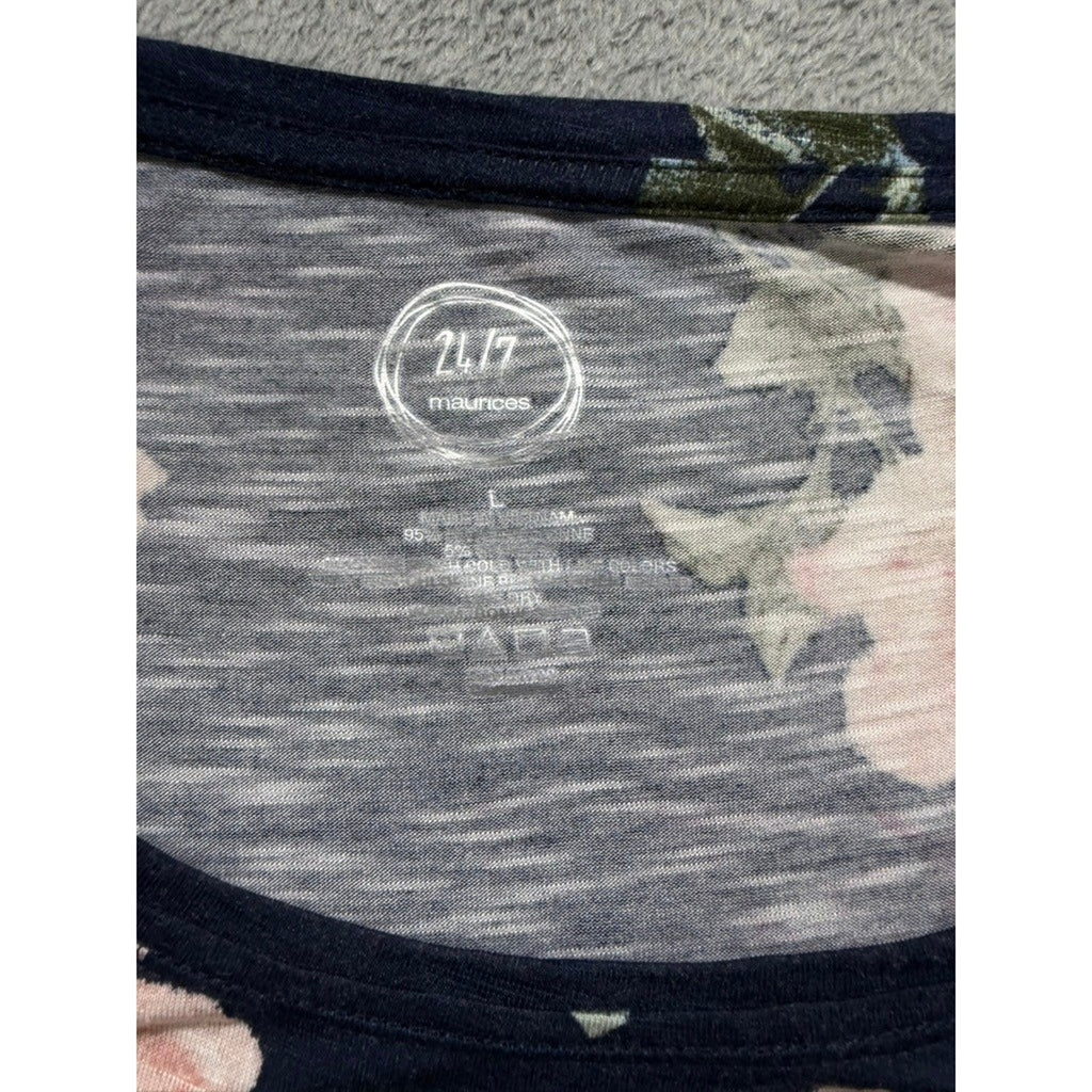 Maurices 24/7 Navy Peach Rose Floral High-Low T-Shirt Womens Large Boho Scoop