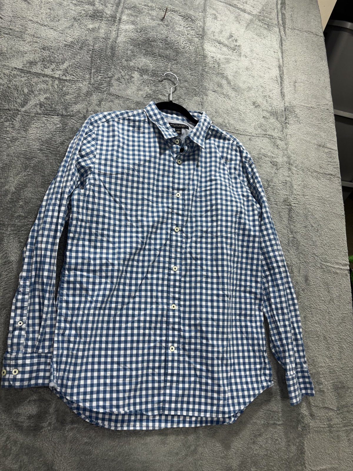 Banana Republic Mens 16-16 1/2 L Blue Gingham Long Sleeve Button Up Dress Shirt