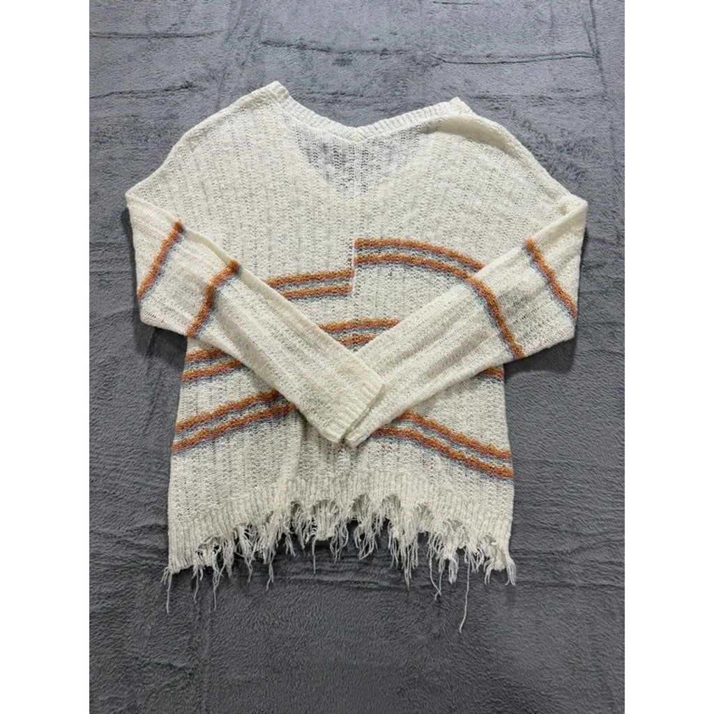 Daytrip Womens Striped V-Neck Open Knit Distressed Frayed Hem Sweater Cream L