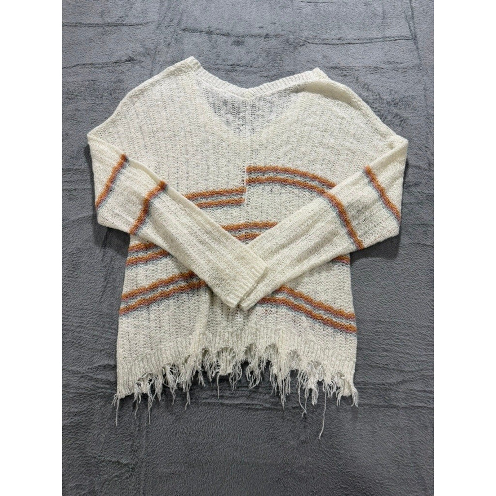 Daytrip Womens Striped V-Neck Open Knit Distressed Frayed Hem Sweater Cream L