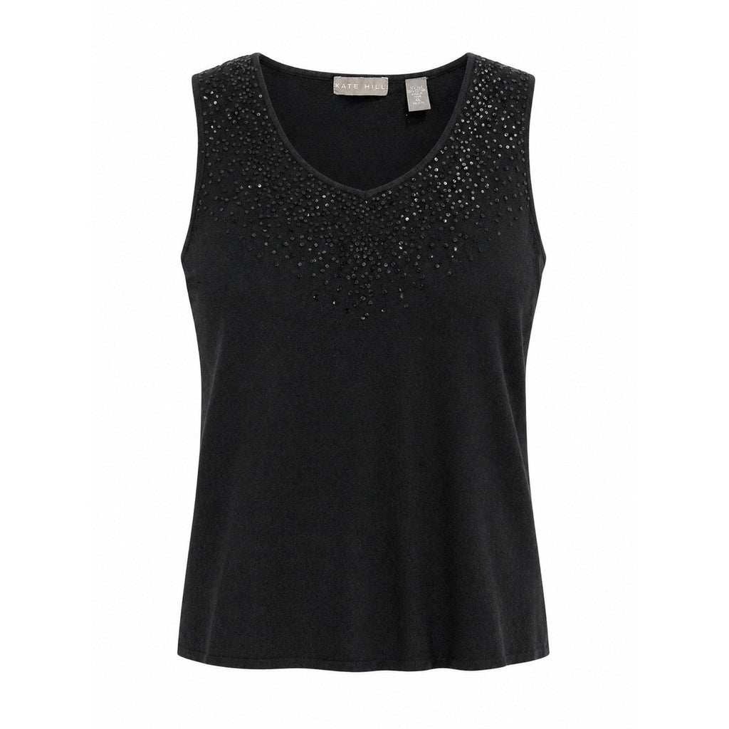 Kate Hill Womens XL Black Silk Cotton Blend Sequin V-Neck Knit Tank Top Shell