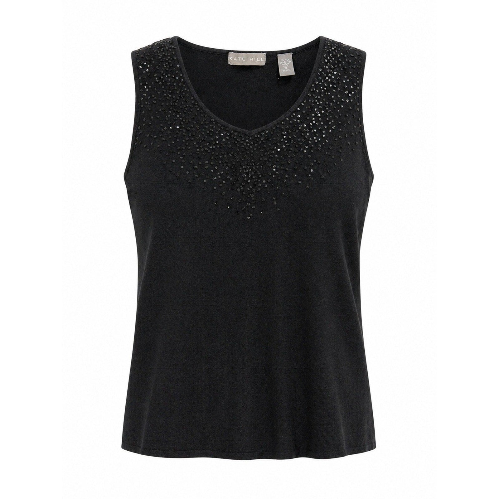 Kate Hill Womens XL Black Silk Cotton Blend Sequin V-Neck Knit Tank Top Shell