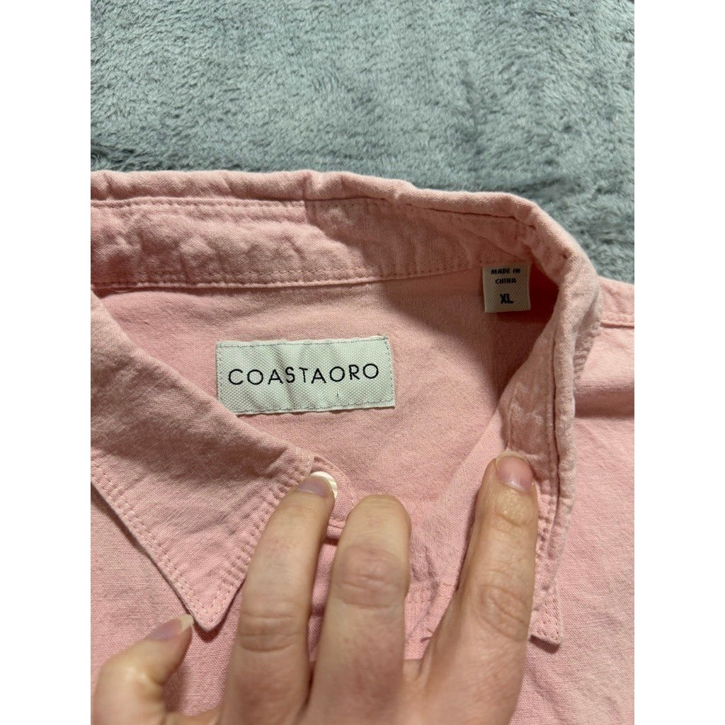 Coastaoro Mens XL Short Sleeve Button Down Shirt Salmon Pink Textured Casual