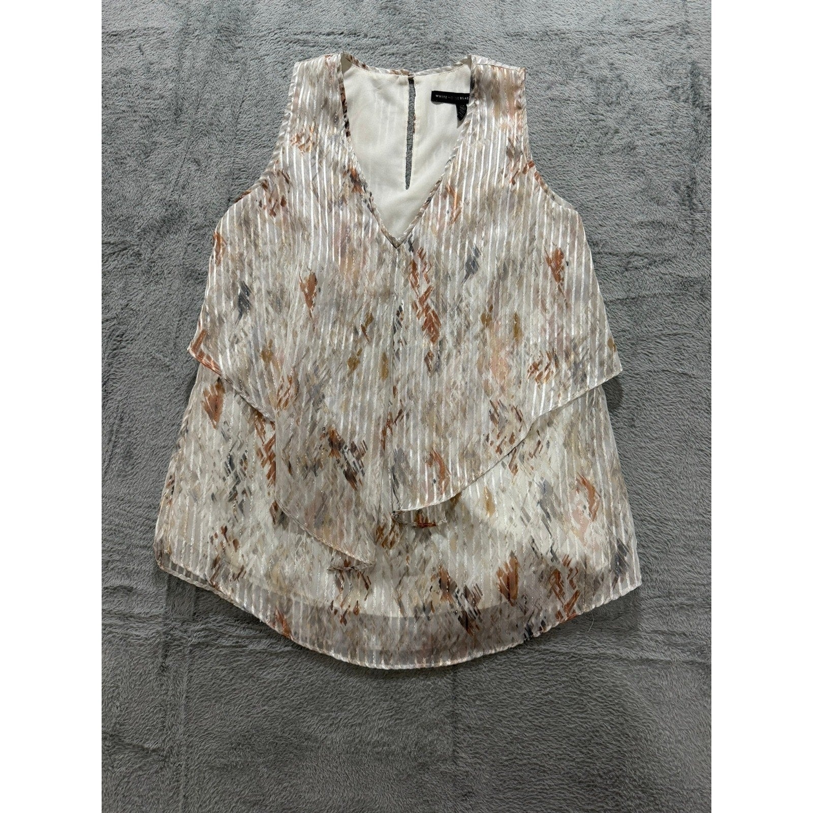 White House Black Market XS Tiered Ruffle Shell Top Metallic Stripe Abstract Tan