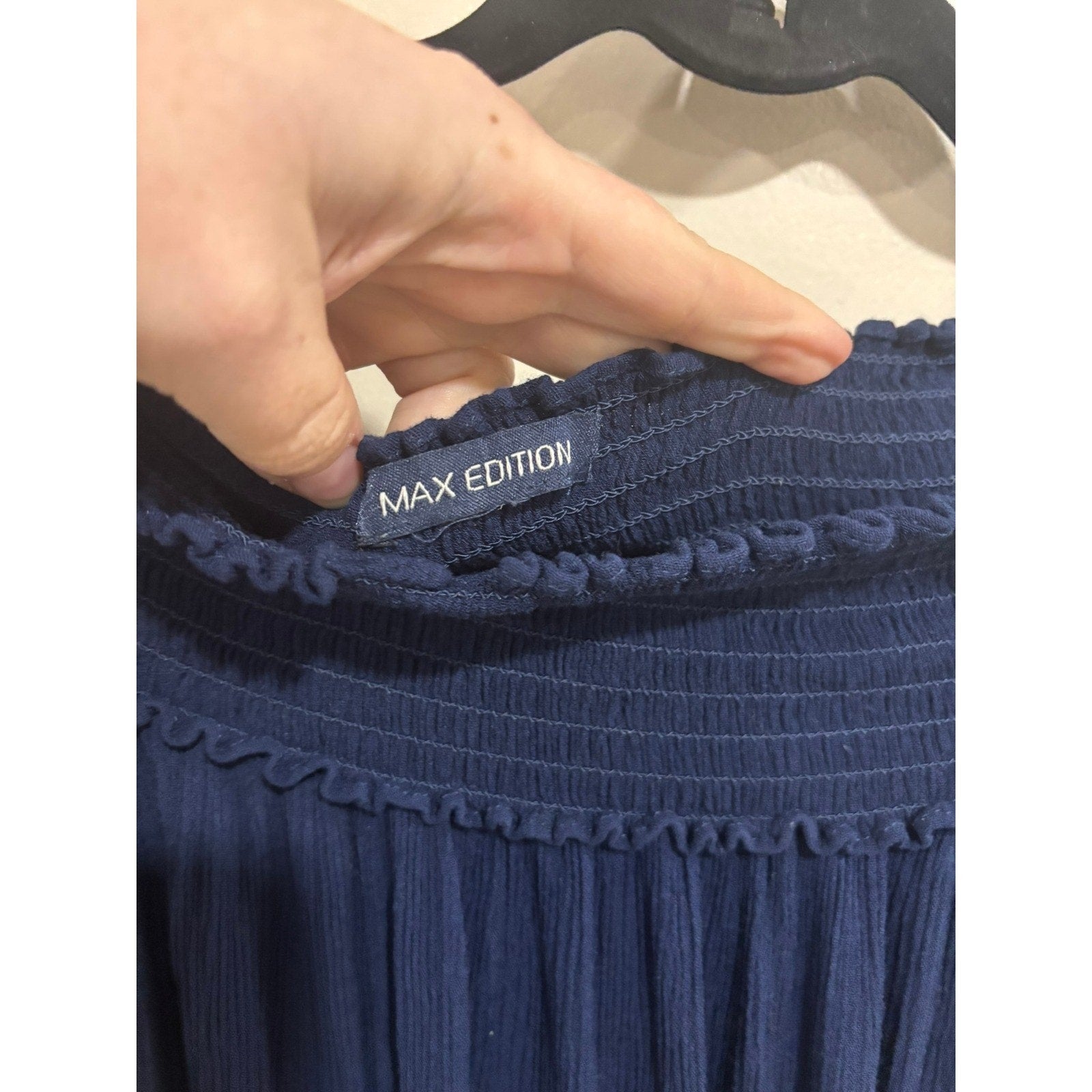 MAX EDITION Navy Off Shoulder Boho Peasant Blouse Embroidered L Coastal Cowgirl