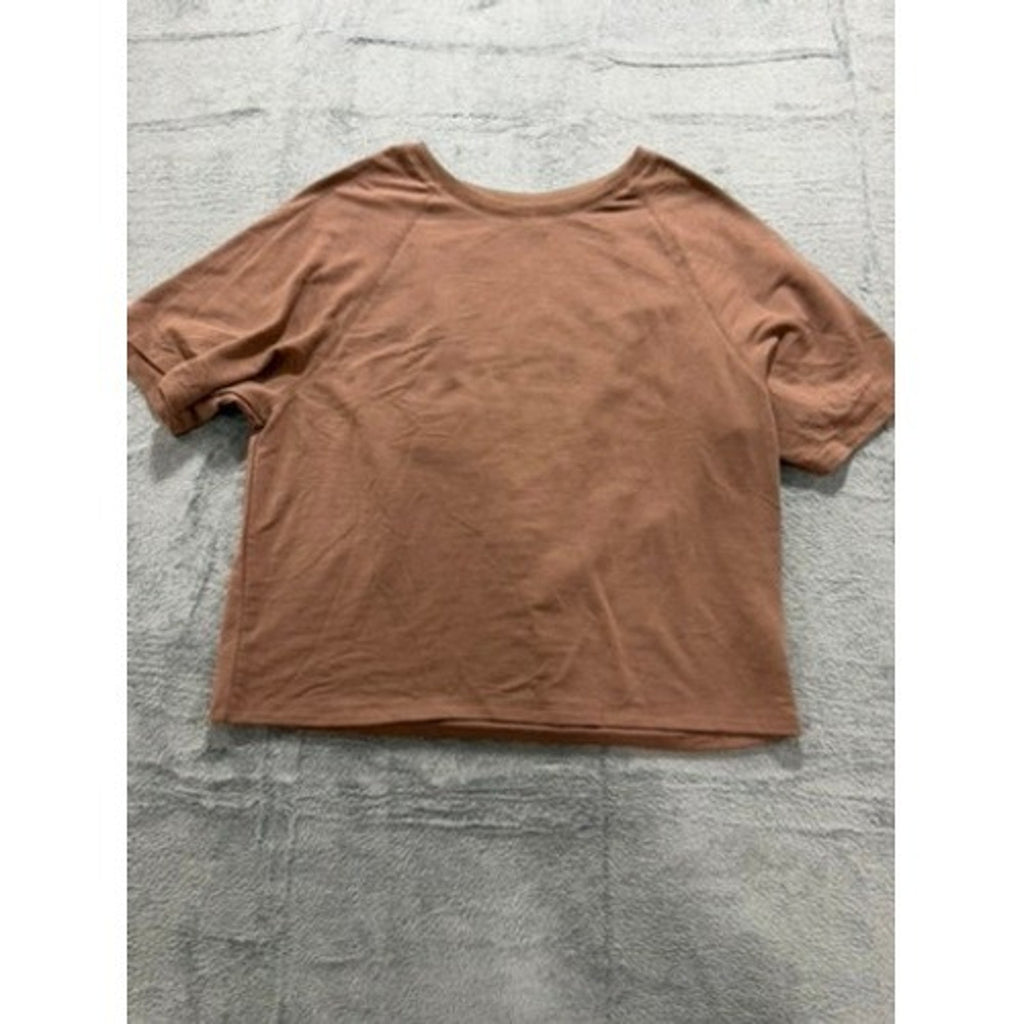 JoySpun Womens Brown Raglan Short Sleeve Crewneck Activewear Top M 8-10 Comfort