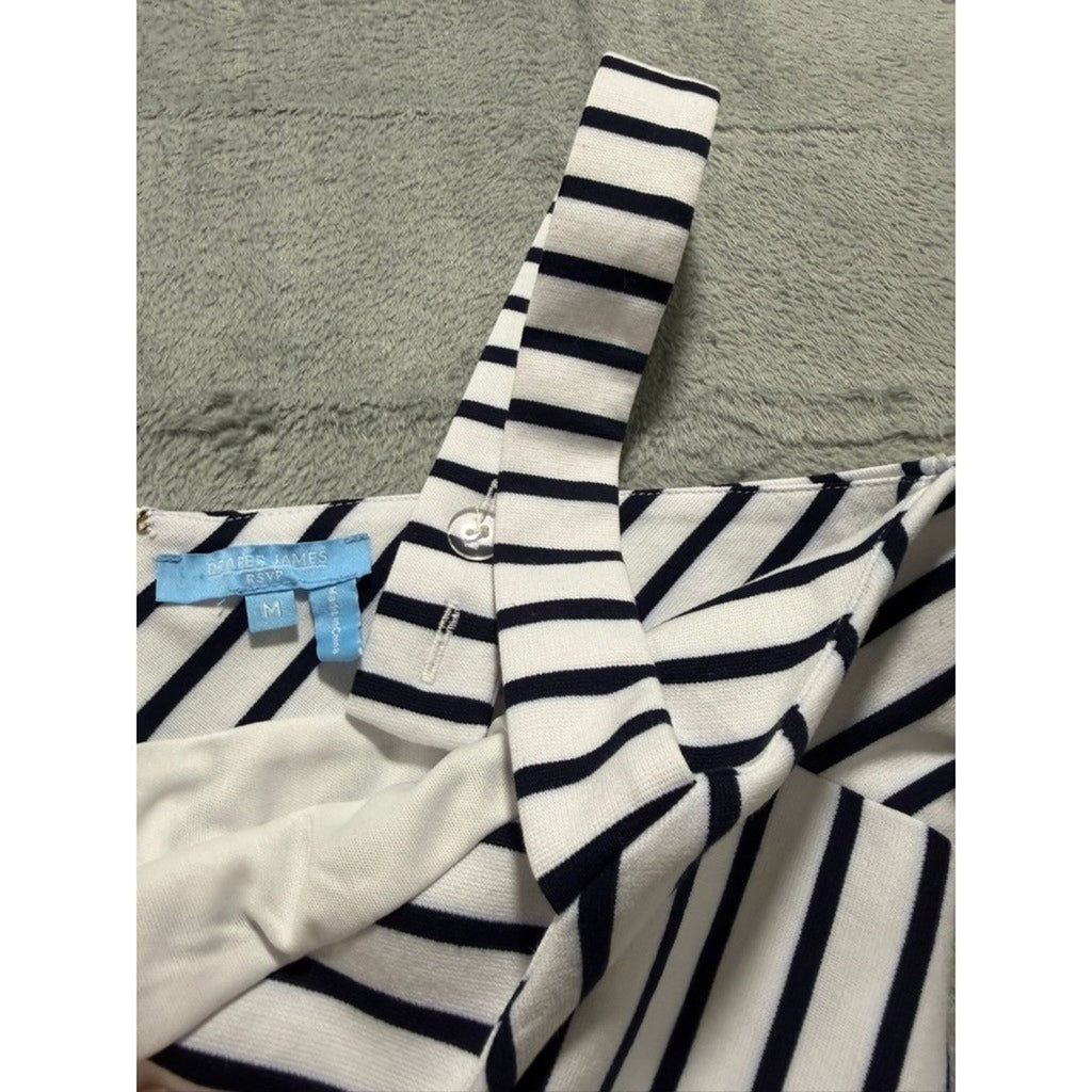 Womens Navy White Chevron Striped Fit Flare Mini Dress Square Neck Sleeveless