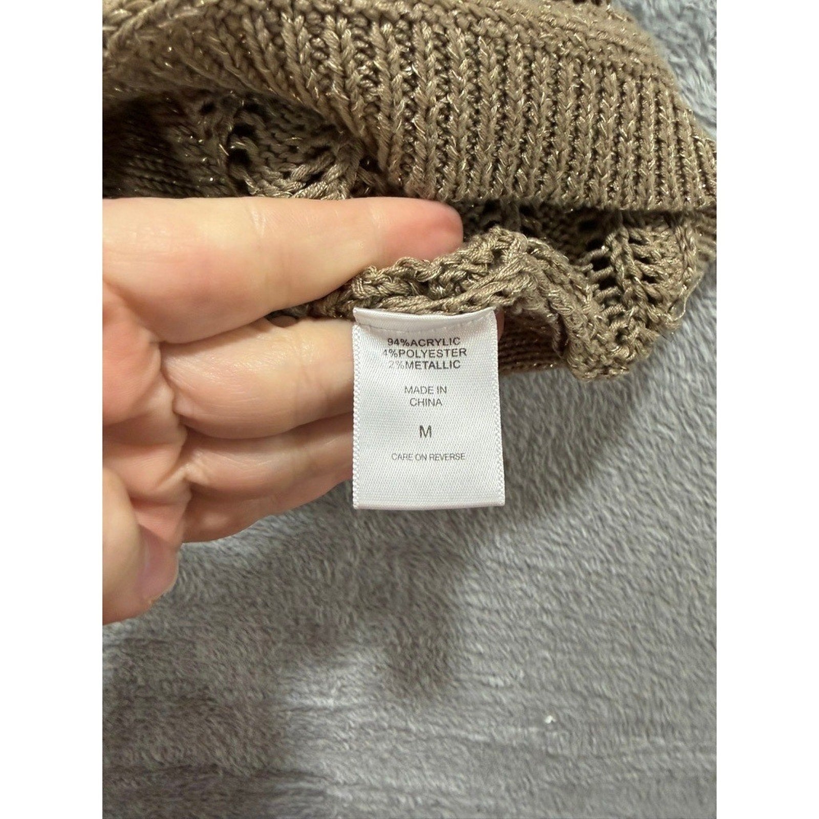 New York & Company Sweater Top Womens M Beige Open Knit Short Sleeve Metallic