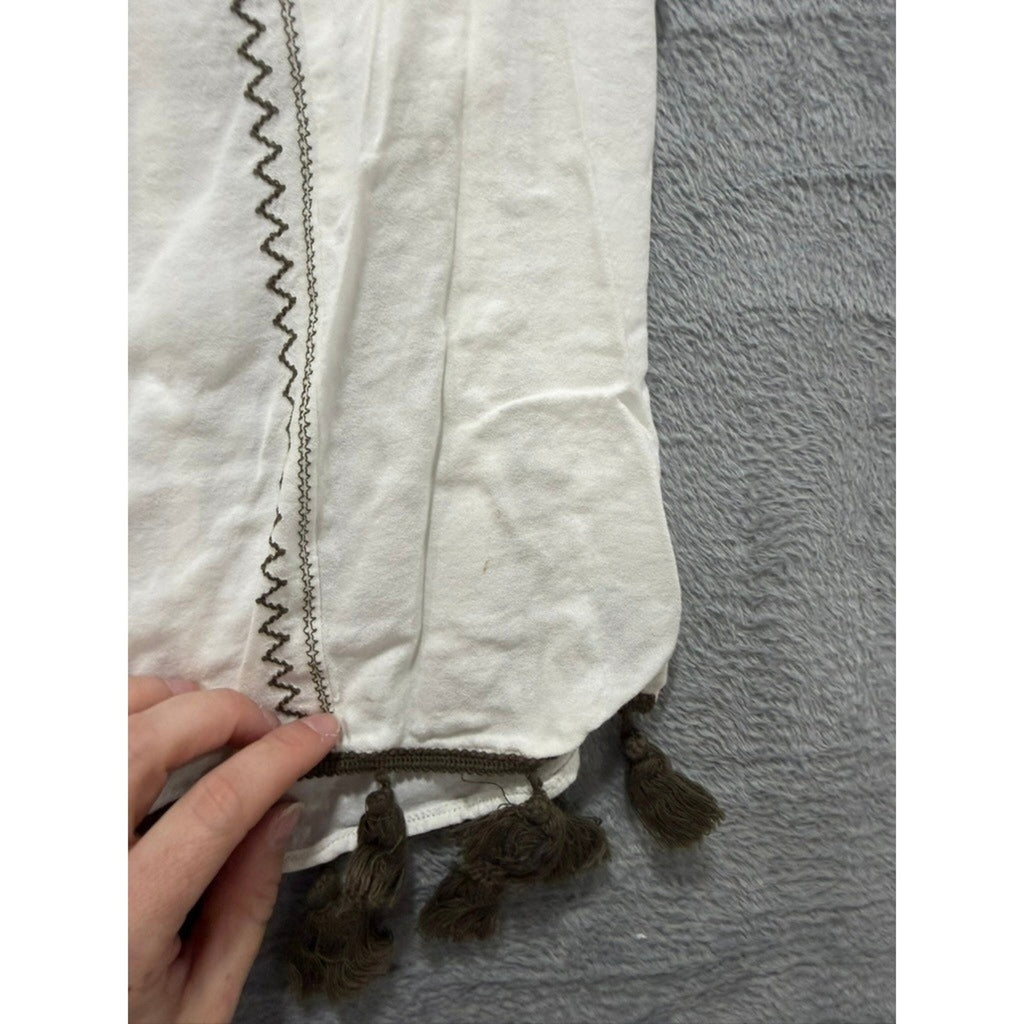LOFT Outlet Women White Embroidered Tassel Boho Sleeveless Top Olive Green L