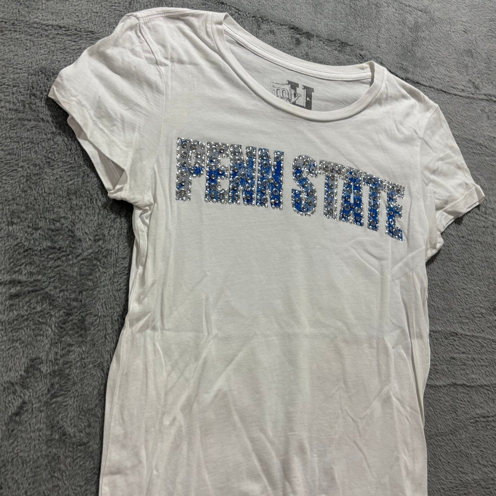 MJU Womens L White Penn State Rhinestone Graphic T-Shirt Casual Vintage Style