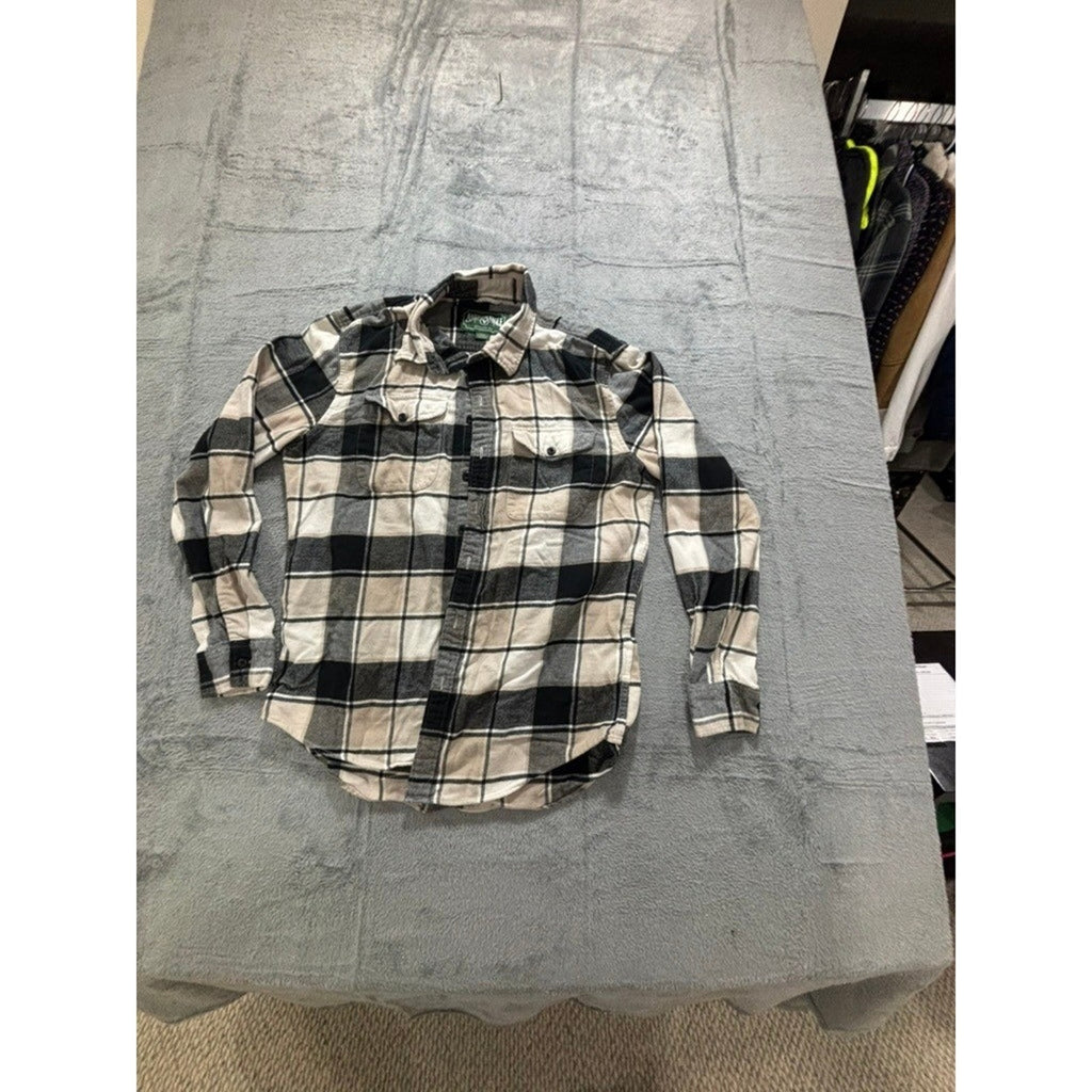 American Eagle M Beige Black Flannel Button Down Shirt Womens Vintage Casual