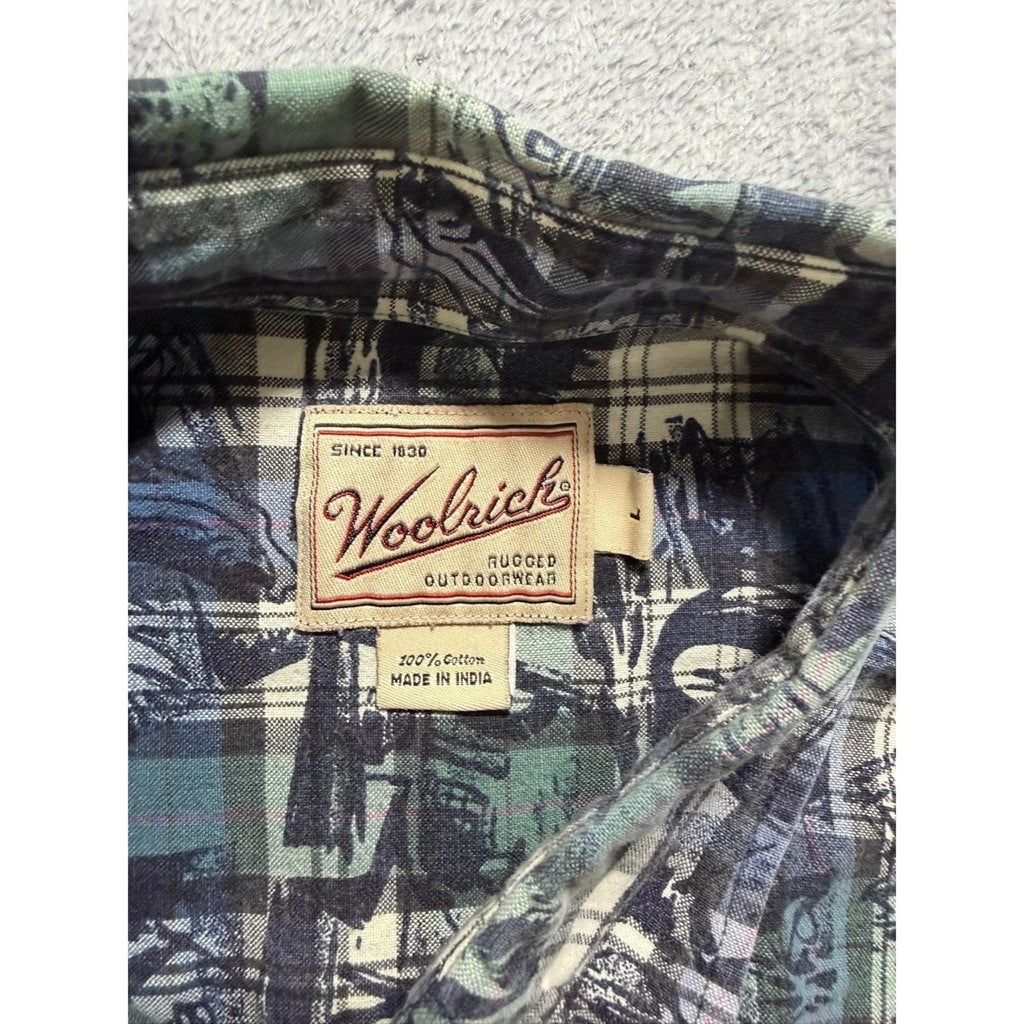 Woolrich Mens Large Blue Green Plaid Fishing Graphic Short Sleeve Button Shirt