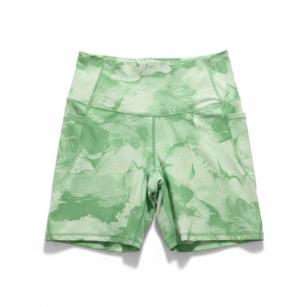 All in Motion L Green Womens Biker Shorts Athleisure Casual Marble Print Pocket