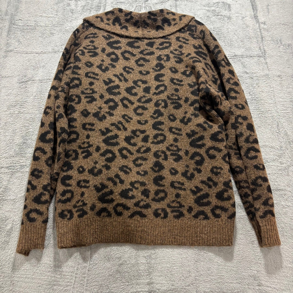 Time and Tru Womens XL Brown Leopard Fuzzy Knit Cardigan Sweater Boho Animal