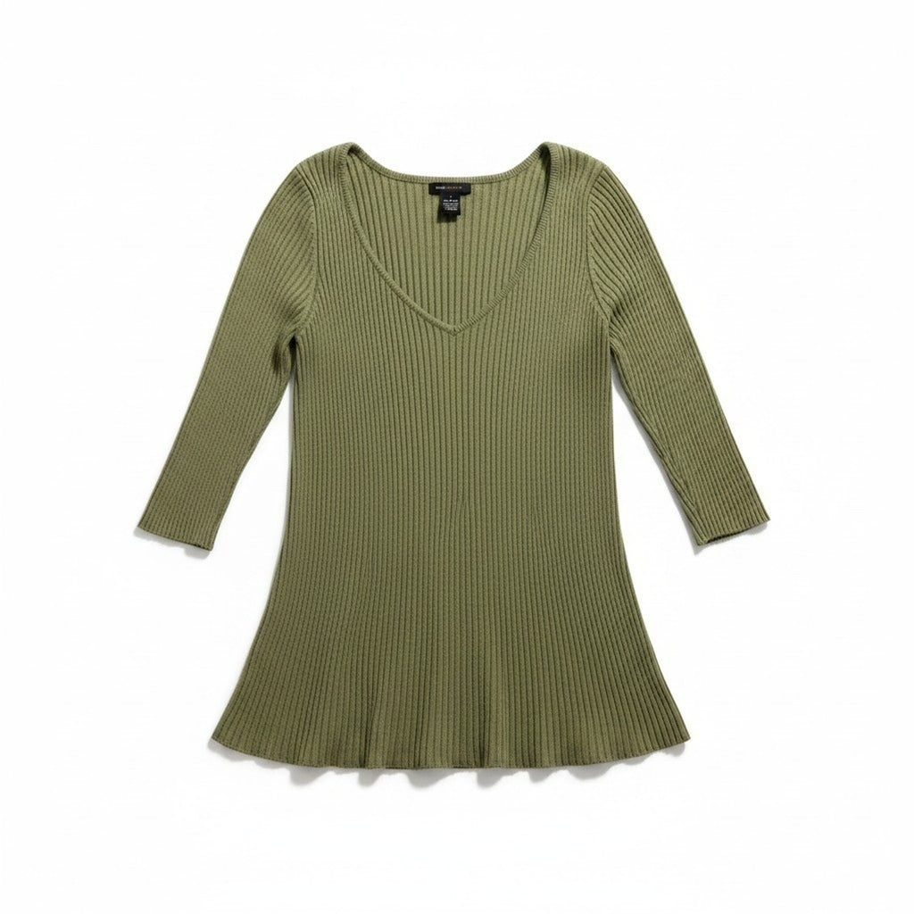 BCBGMAXAZRIA L Green Ribbed Knit V-Neck Peplum Top Womens Boho Casual