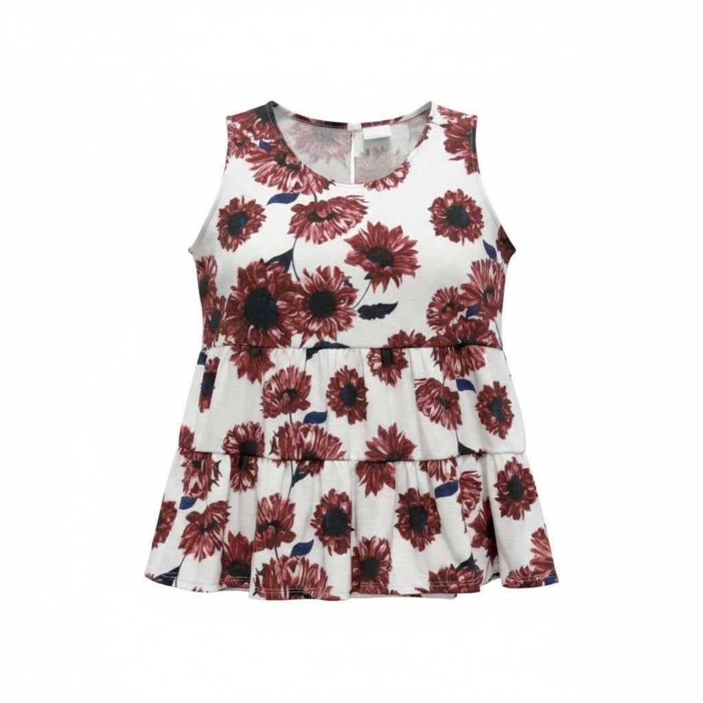 LuLaRoe Womens Red Sunflower Floral Tiered Babydoll Sleeveless Top Large Boho