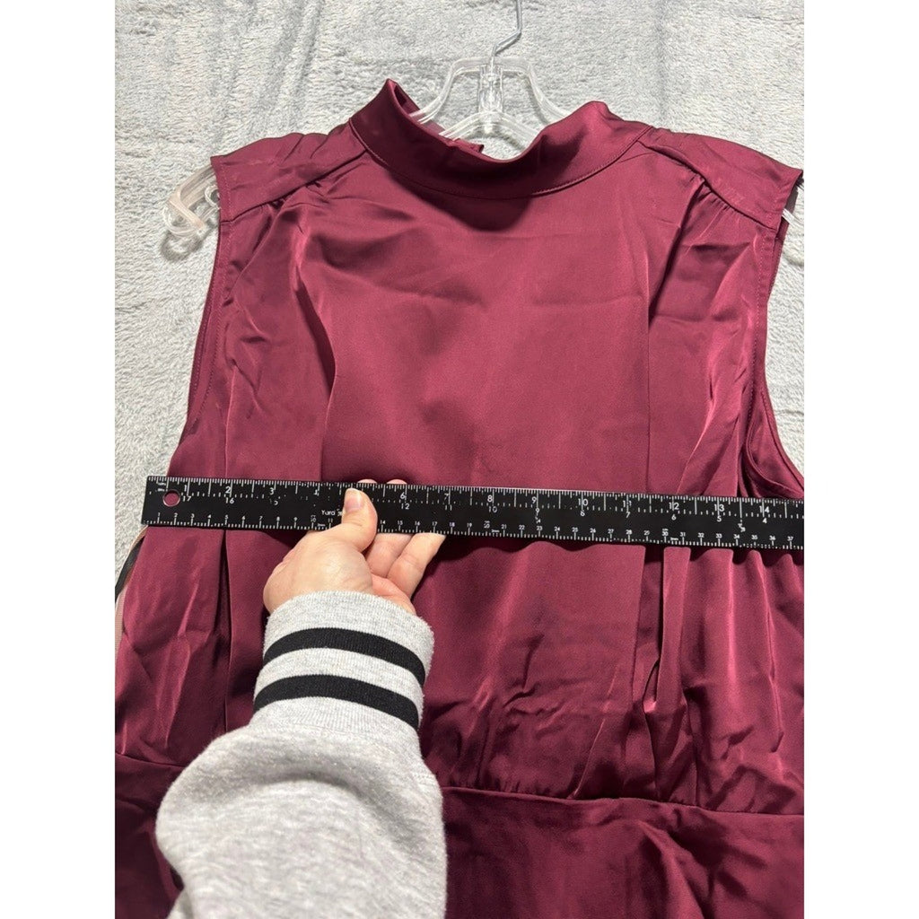 Lulus Burgundy Satin High Neck Draped Maxi Dress Size XL Sleeveless Side Slit