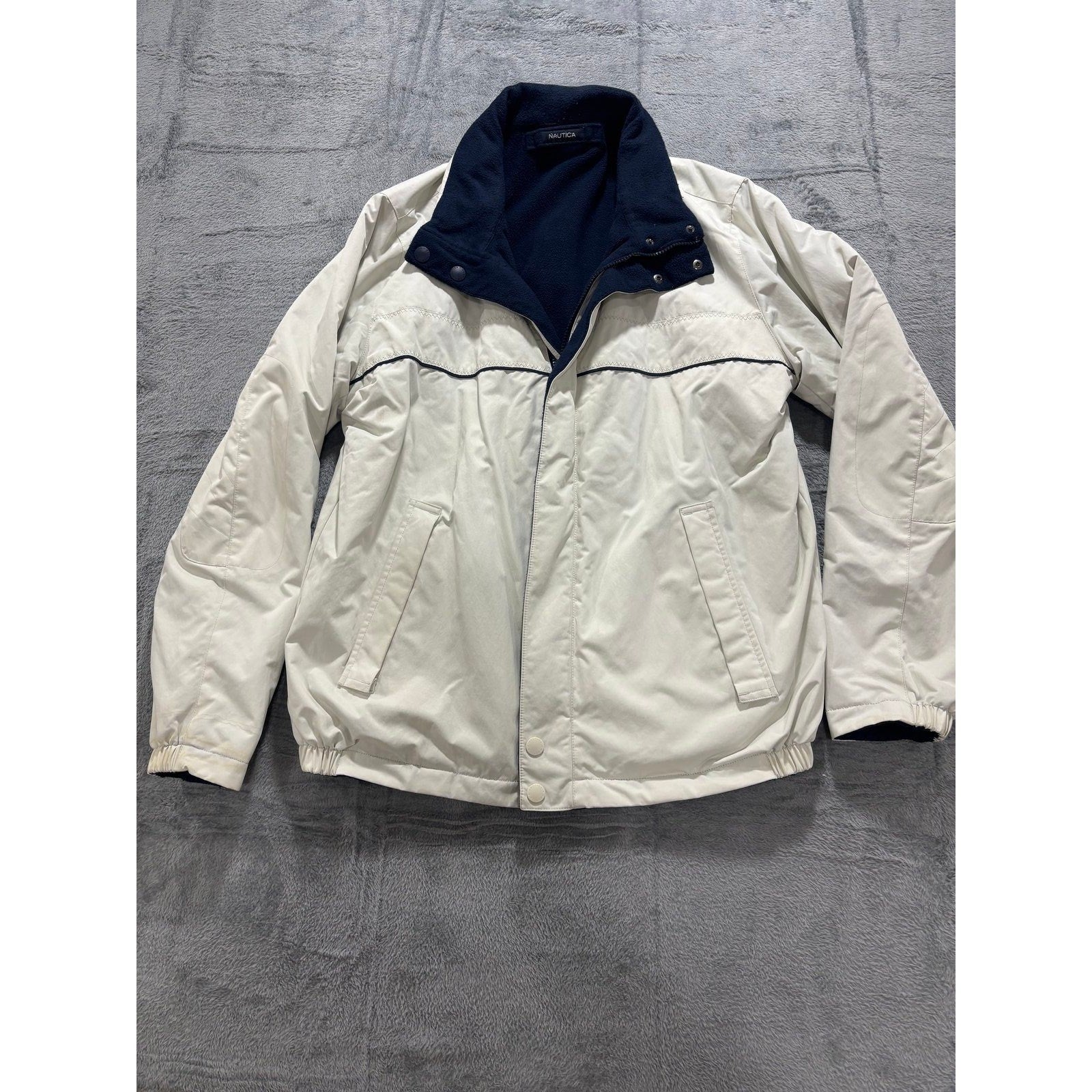 Nautica S Cream Navy Blue Full Zip Windbreaker Jacket Womens Casual Vintage