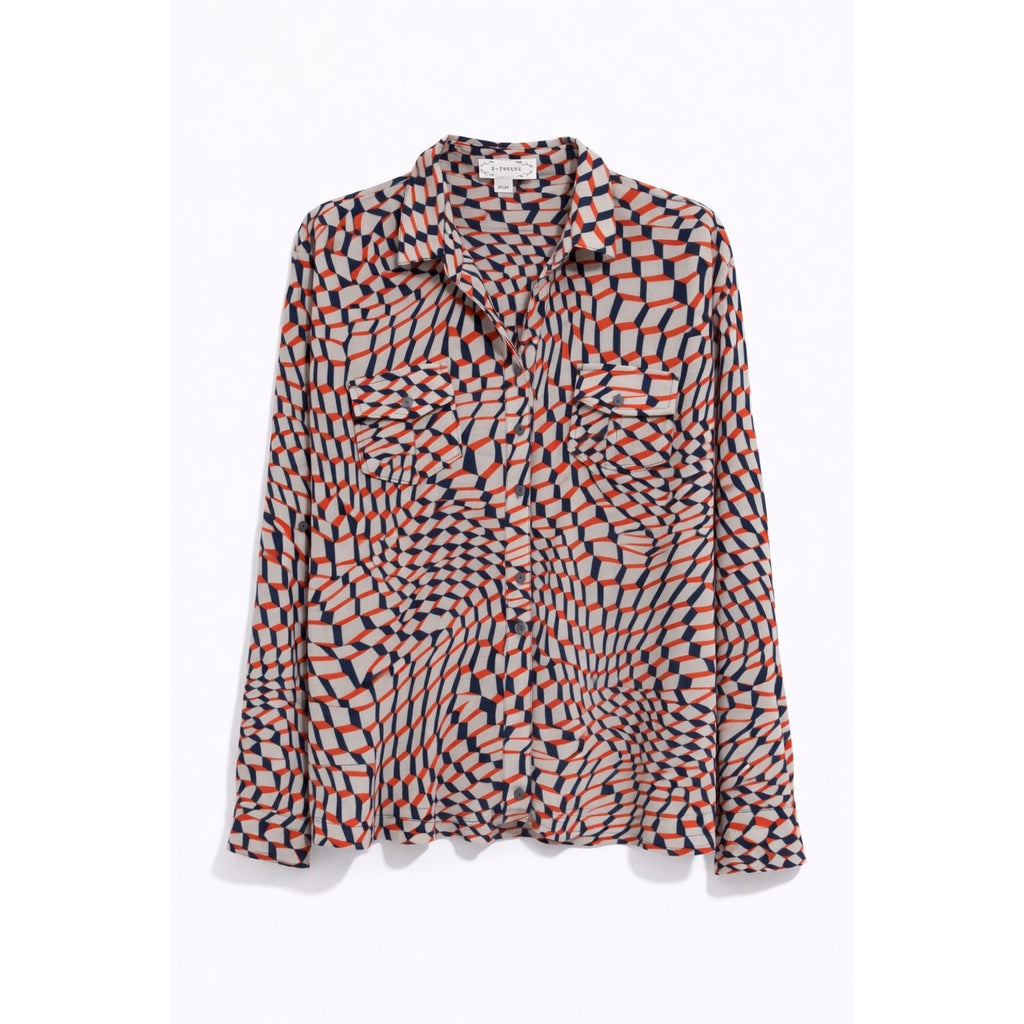 S-Twelve Geometric Print Button Down Blouse Retro Mod Top Large Chic Artsy Bold