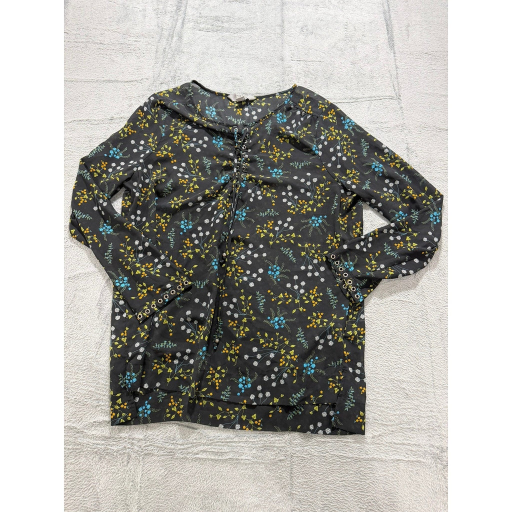 Ruff Hewn Grey Womens XL Black Floral Lace Up Grommet Long Sleeve Blouse Top