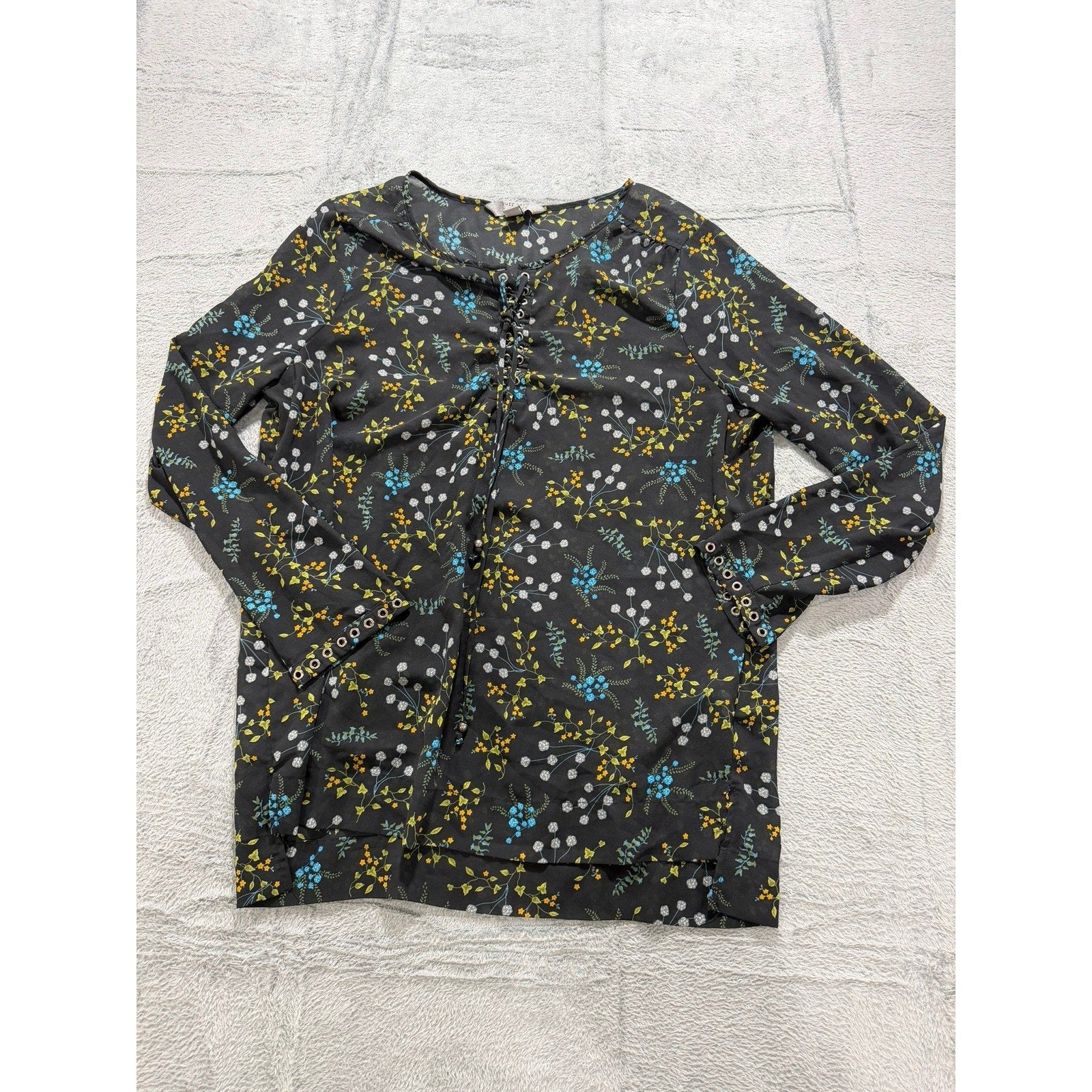 Ruff Hewn Grey Womens XL Black Floral Lace Up Grommet Long Sleeve Blouse Top
