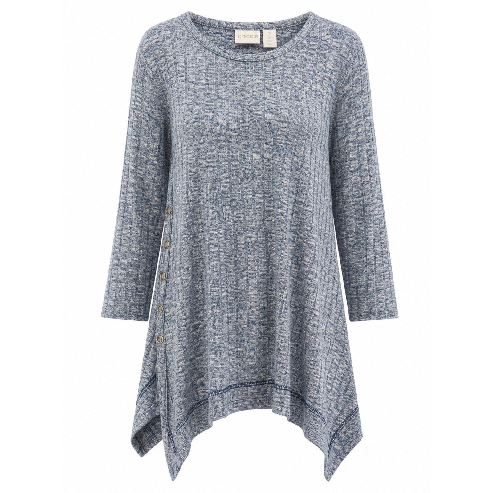 Chicos Top Womens 2 Blue Marled Knit Tunic Asymmetrical Hem Button Side