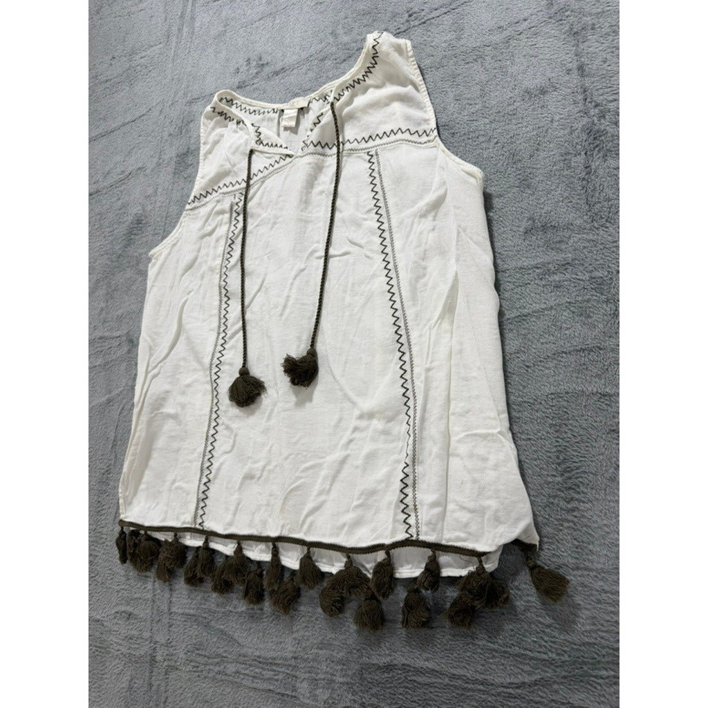 LOFT Outlet Women White Embroidered Tassel Boho Sleeveless Top Olive Green L