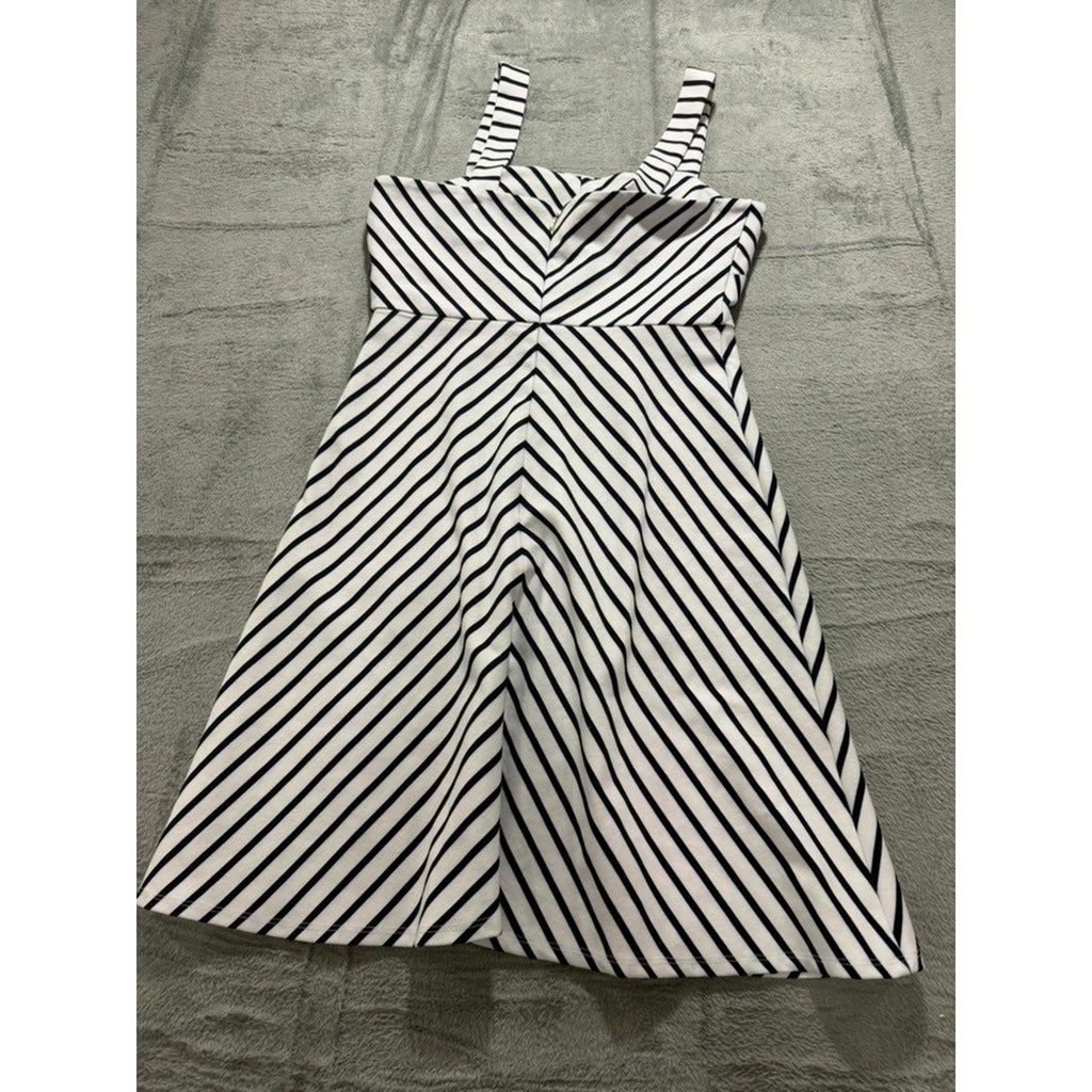 Womens Navy White Chevron Striped Fit Flare Mini Dress Square Neck Sleeveless