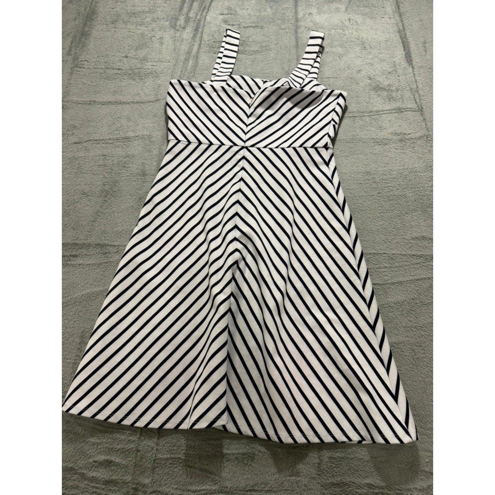 Womens Navy White Chevron Striped Fit Flare Mini Dress Square Neck Sleeveless