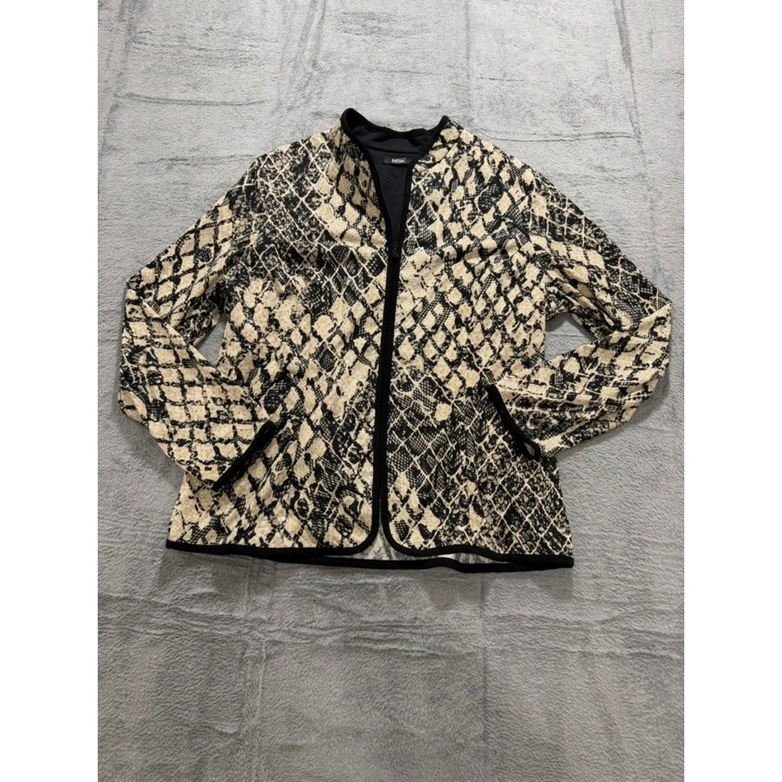 MSK Womens Snakeskin Print Sequin Zip Front Jacket Tan Black Animal Print XL