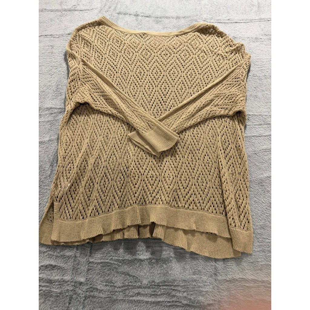 Ellen Tracy Womens XL Tan Diamond Open Knit Crochet Sweater 3/4 Sleeve Boat Neck