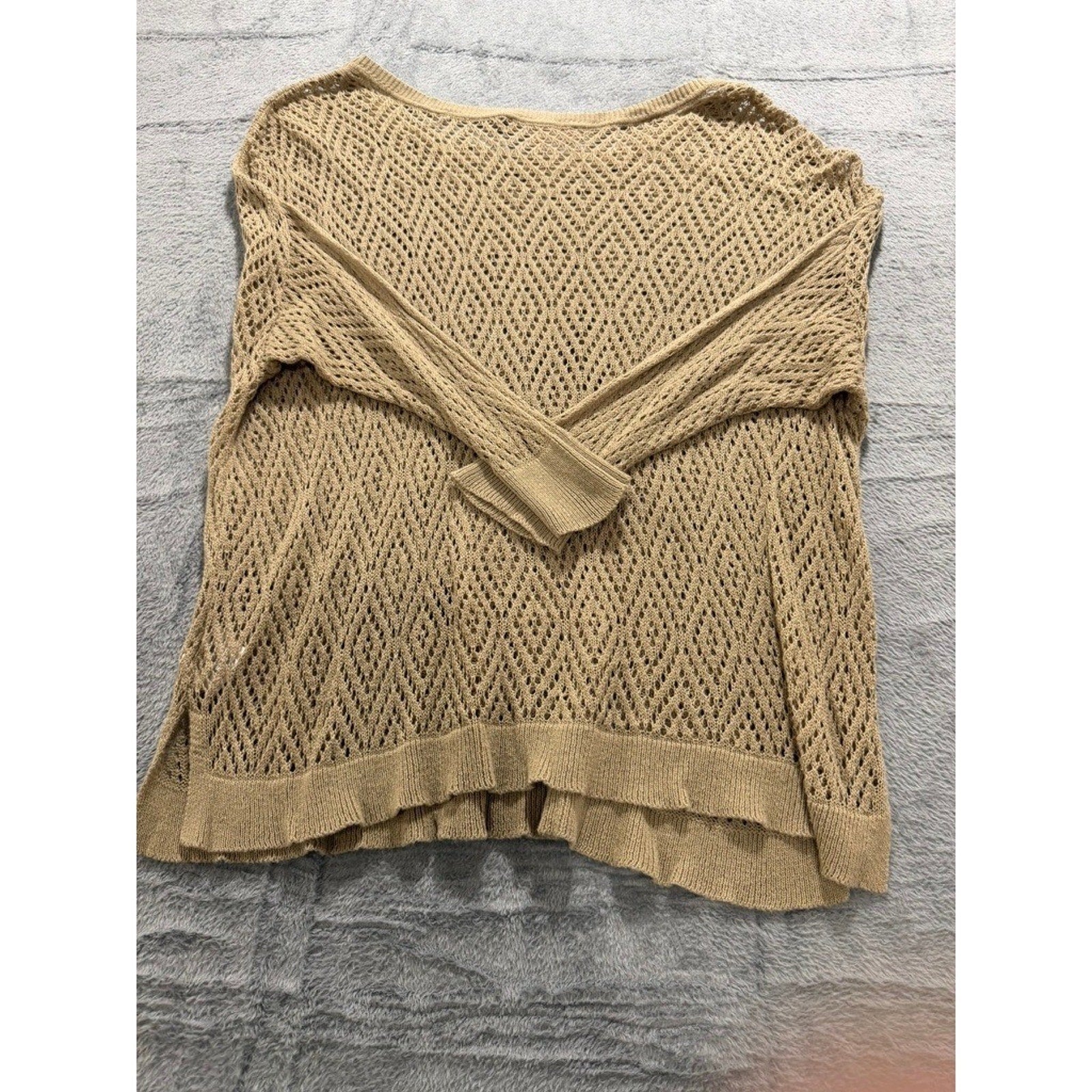 Ellen Tracy Womens XL Tan Diamond Open Knit Crochet Sweater 3/4 Sleeve Boat Neck