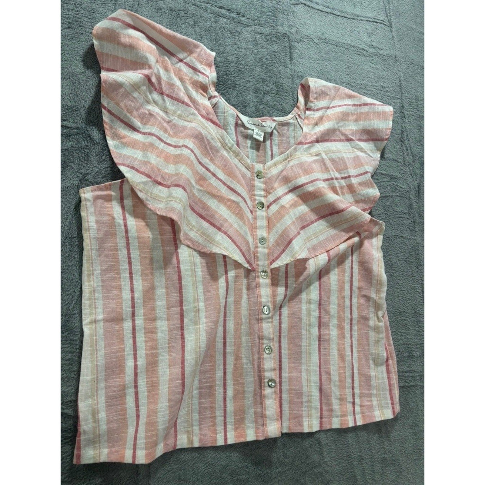 French Laundry Blouse Womens L Pink Stripe Flutter Sleeve Button Front Top
