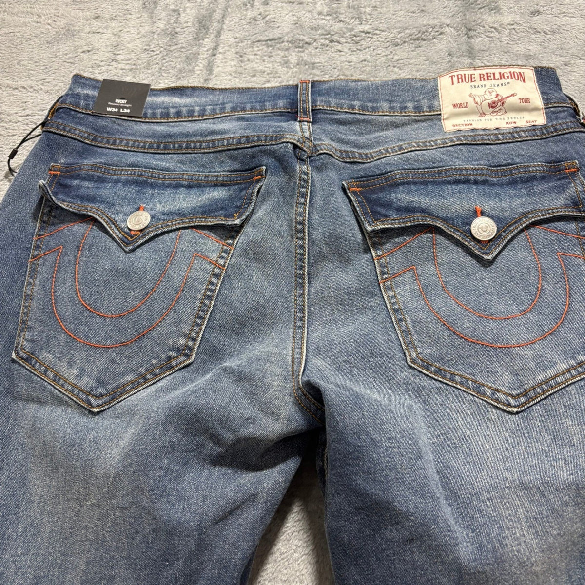 True Religion Ricky Mens 34x34 Blue Relaxed Straight Jeans Flap Pocket Denim Y2K