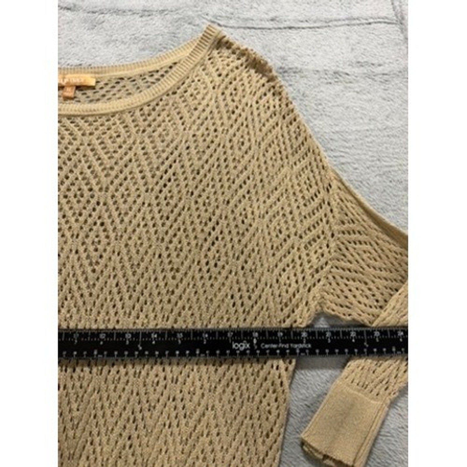 Ellen Tracy Womens XL Tan Diamond Open Knit Crochet Sweater 3/4 Sleeve Boat Neck