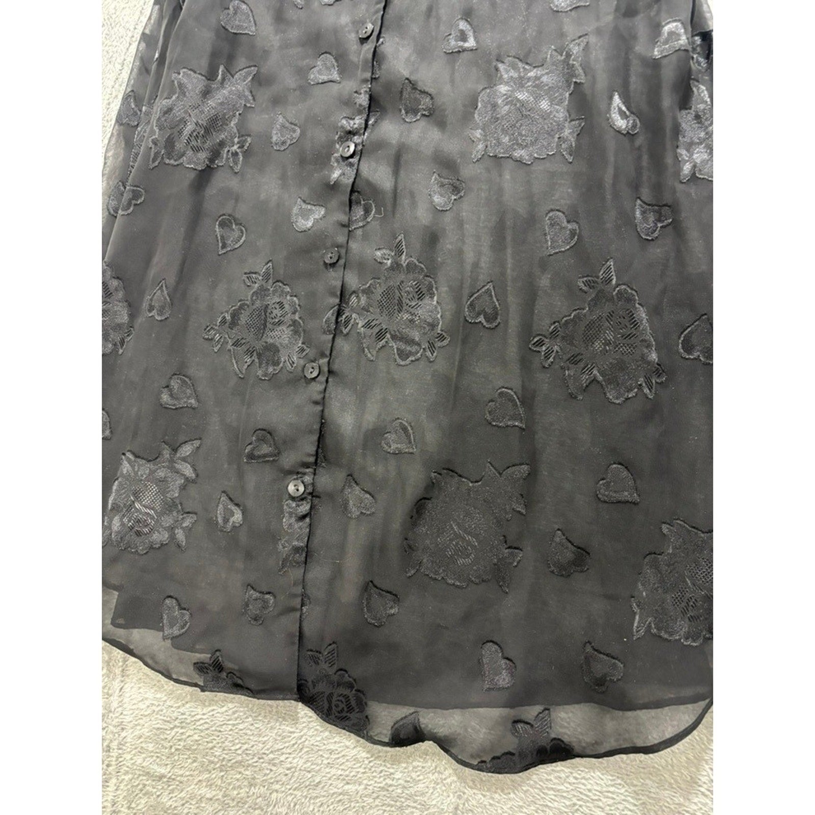 L.A. Intimates Blouse Womens Medium Black Sheer Floral Heart Button Up