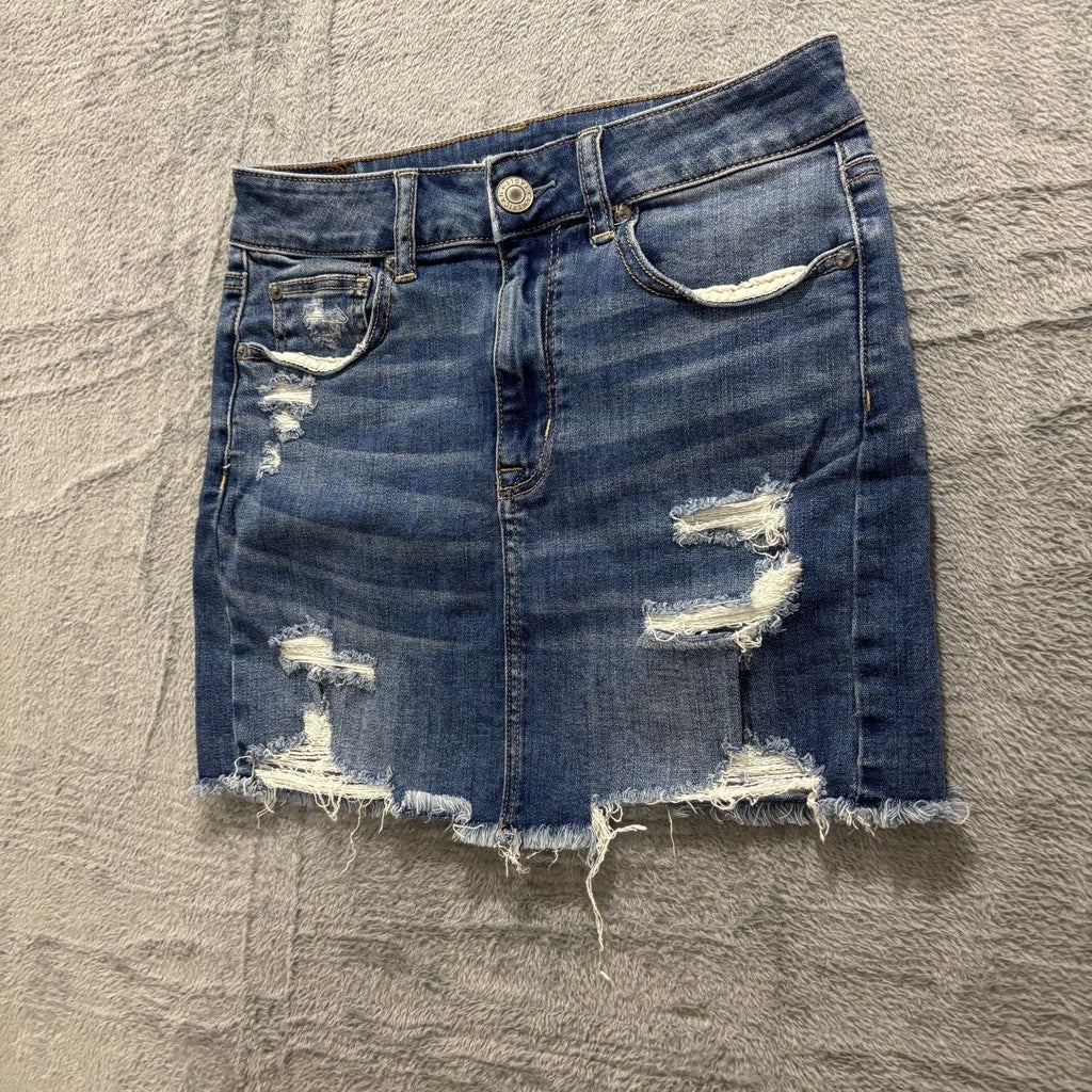 American Eagle 4 Blue Womens Distressed Denim Mini Skirt Raw Hem Casual Summer