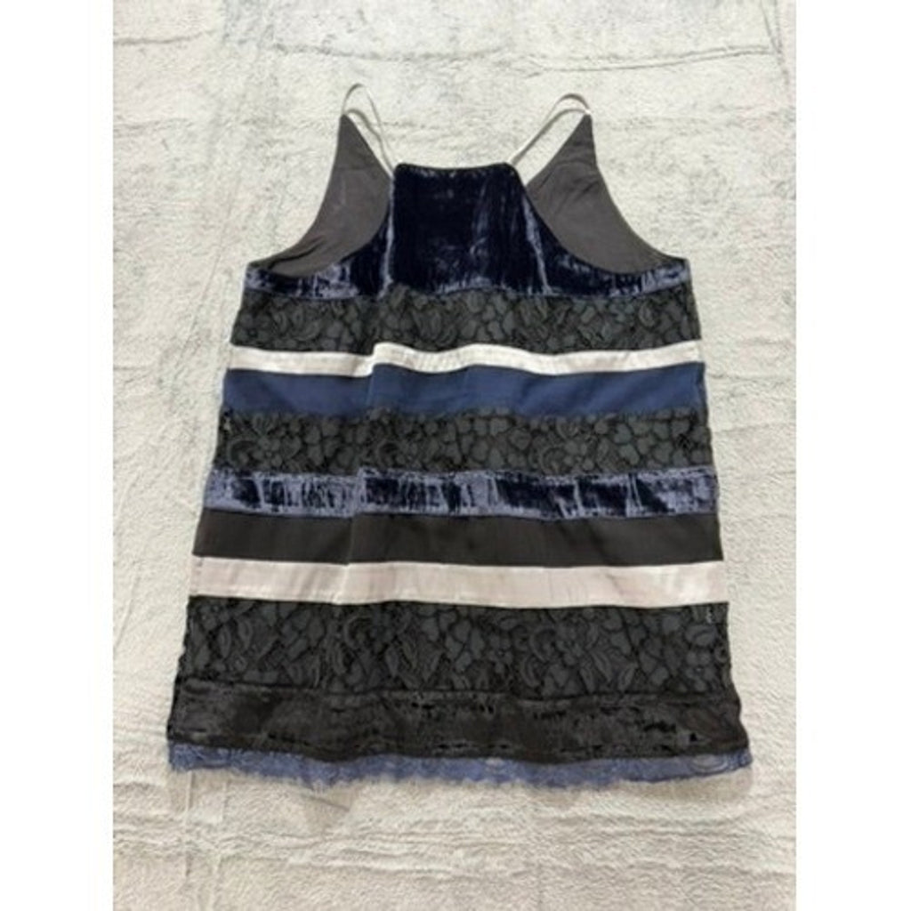 LOFT Womens Velvet Lace Striped Camisole Top Navy Black Silver XS V-Neck Strap